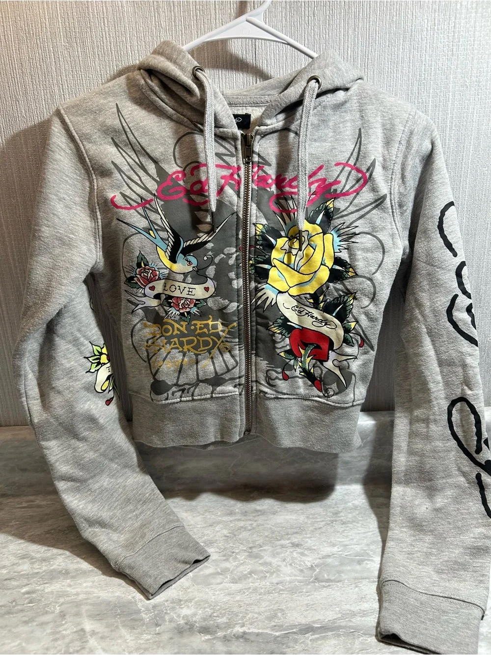 Ed Hardy Grey Hoodie with Yellow Rose & Colorful Tattoo Art - JK3